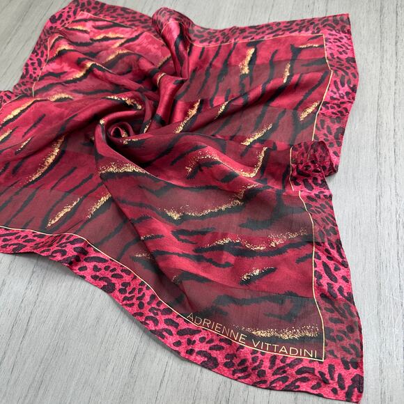 Adrienne Vittadini Red Animal Print Silk Scarf Tiger Cheetah Leopard 21"x21" - Picture 7 of 9
